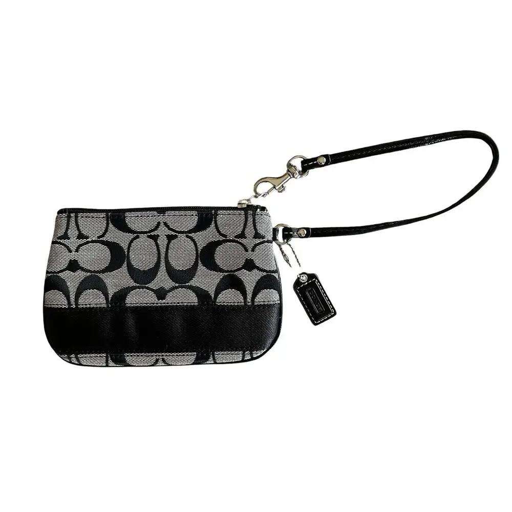 COACH Black Gray Signature Jacquard Stripe Leather Trim Wristlet Top Zip Bag Tag